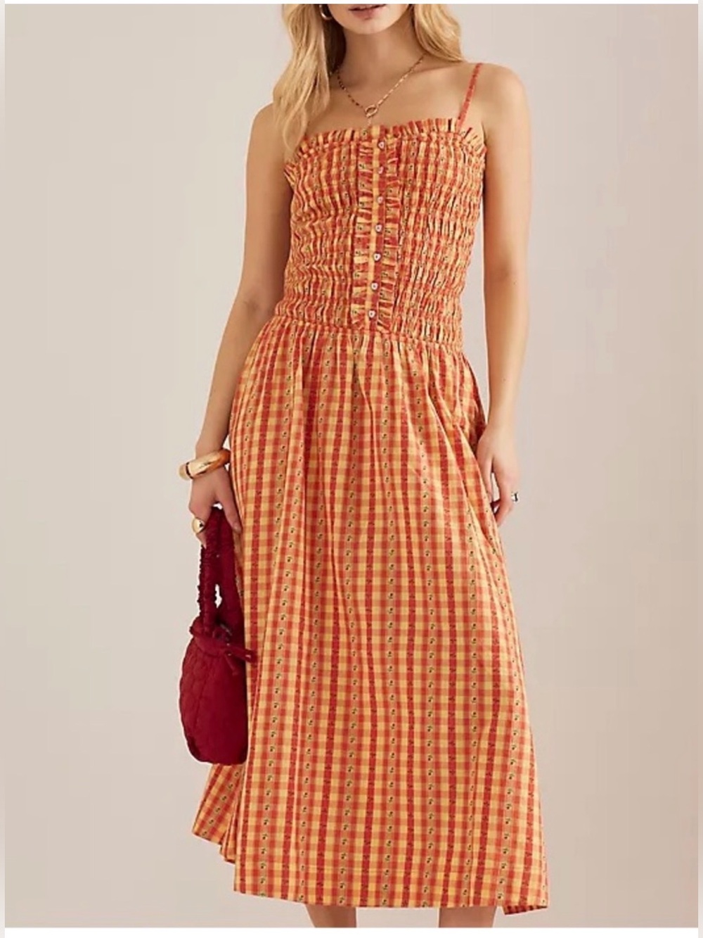 New Damson Madder Grace Square Midi Dress in Orange Plaid Size 10